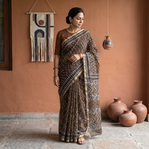 Brown Batik Hand Block Print Kota Doria Cotton Saree, draped and worn by a woman, AI visual of the saree, iTokri