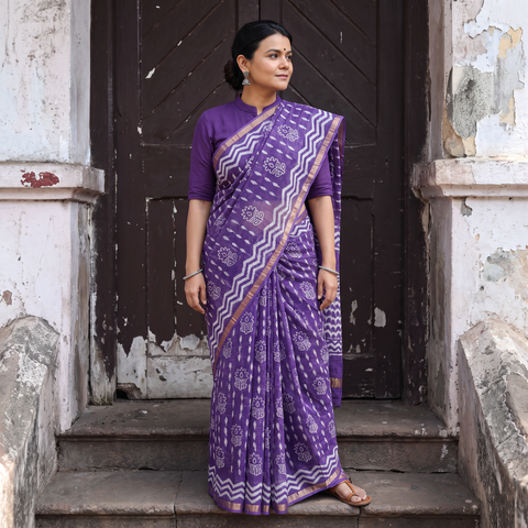 Purple Batik Hand Block Print Kota Doria Cotton Saree, draped and worn by a woman, AI visual of the saree, iTokri