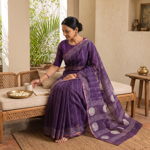 Purple Batik Hand Block Print Kota Doria Cotton Saree, draped and worn by a woman, AI visual of the saree, iTokri