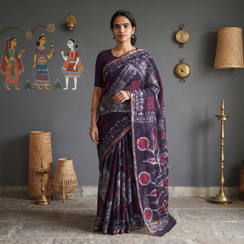 Purple Batik Hand Block Print Kota Doria Cotton Saree, draped and worn by a woman, AI visual of the saree, iTokri