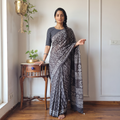 Grey Batik Hand Block Print Pure Mul Cotton Ready To Wear Saree, draped and worn by a woman, AI visual of the saree, iTokri