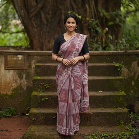 Pink Batik Hand Block Print Pure Mul Cotton Ready To Wear Saree, draped and worn by a woman, AI visual of the saree, iTokri
