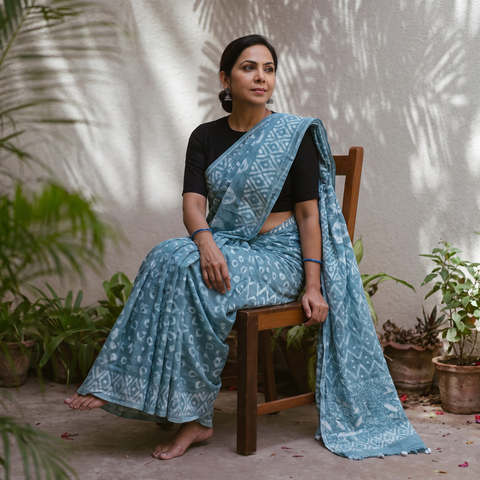 Blue Batik Hand Block Print Pure Mul Cotton Ready To Wear Saree, draped and worn by a woman, AI visual of the saree, iTokri