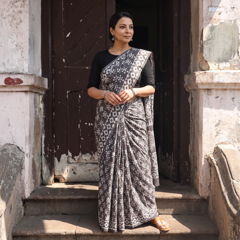 Grey Batik Hand Block Print Pure Mul Cotton Ready To Wear Saree, draped and worn by a woman, AI visual of the saree, iTokri