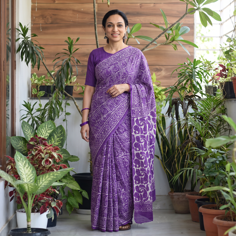 Purple Batik Hand Block Print Pure Mul Cotton Ready To Wear Saree, draped and worn by a woman, AI visual of the saree, iTokri