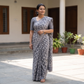 Grey Batik Hand Block Print Pure Mul Cotton Ready To Wear Saree, draped and worn by a woman, AI visual of the saree, iTokri