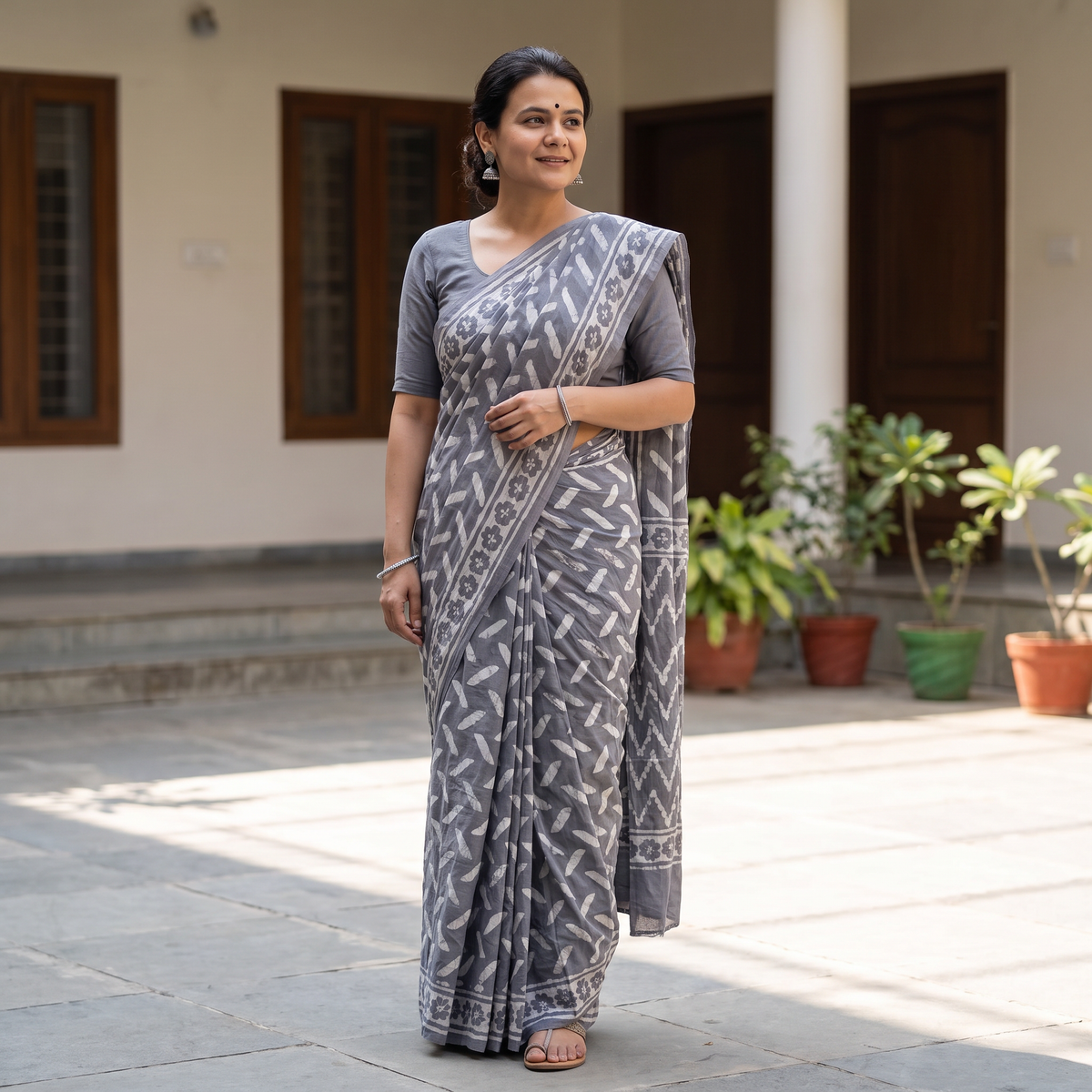 Grey Batik Hand Block Print Pure Mul Cotton Ready To Wear Saree, draped and worn by a woman, AI visual of the saree, iTokri