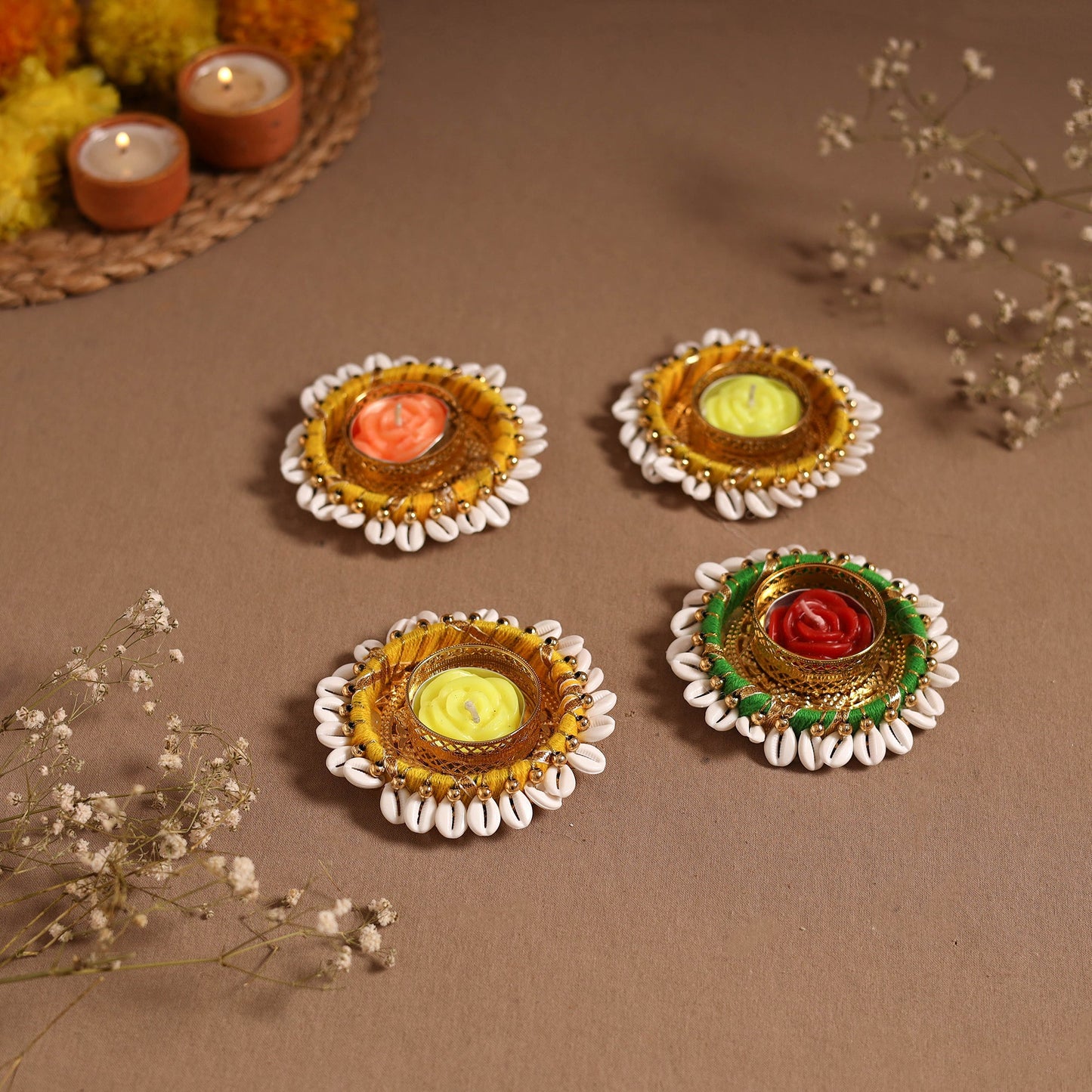 Bead & shell work tealight candle holder (set of 4) 06