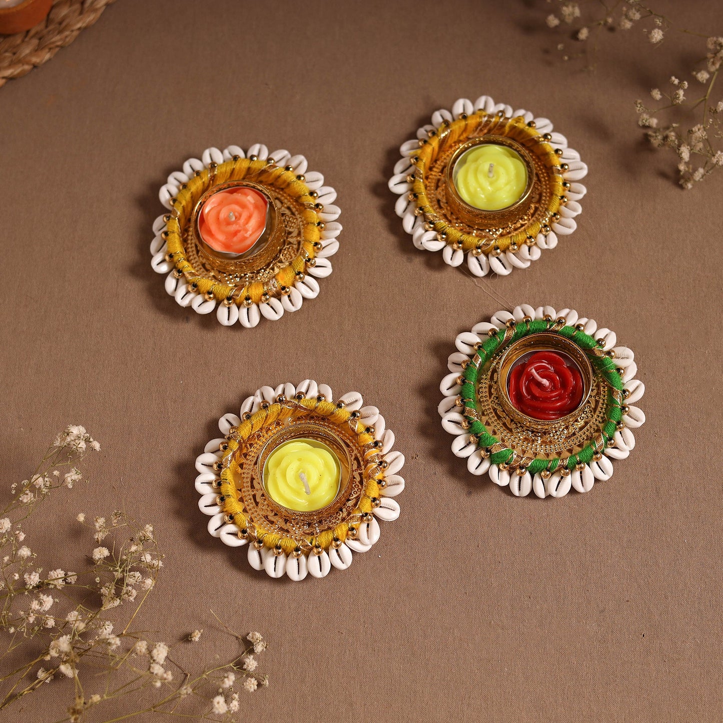 Bead & shell work tealight candle holder (set of 4) 06