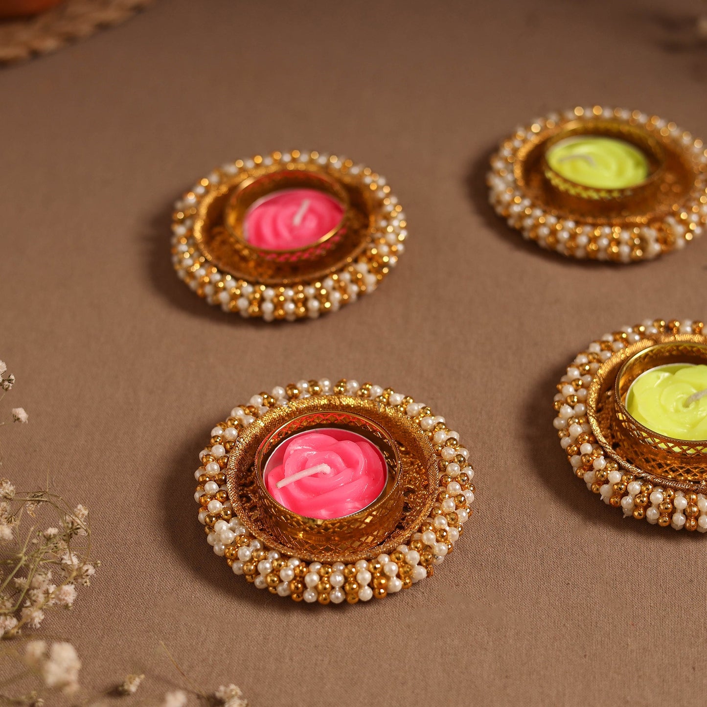 Bead work tealight candle holder (set of 4) 03 - handcrafted