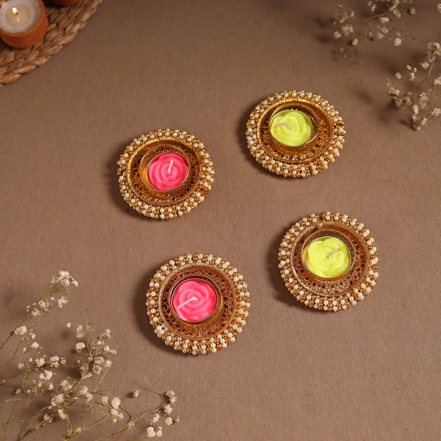 Bead work tealight candle holder (set of 4) 03 - handcrafted