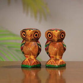 Beautiful Handpainted Burdwan Wood Owl Sculpture Set