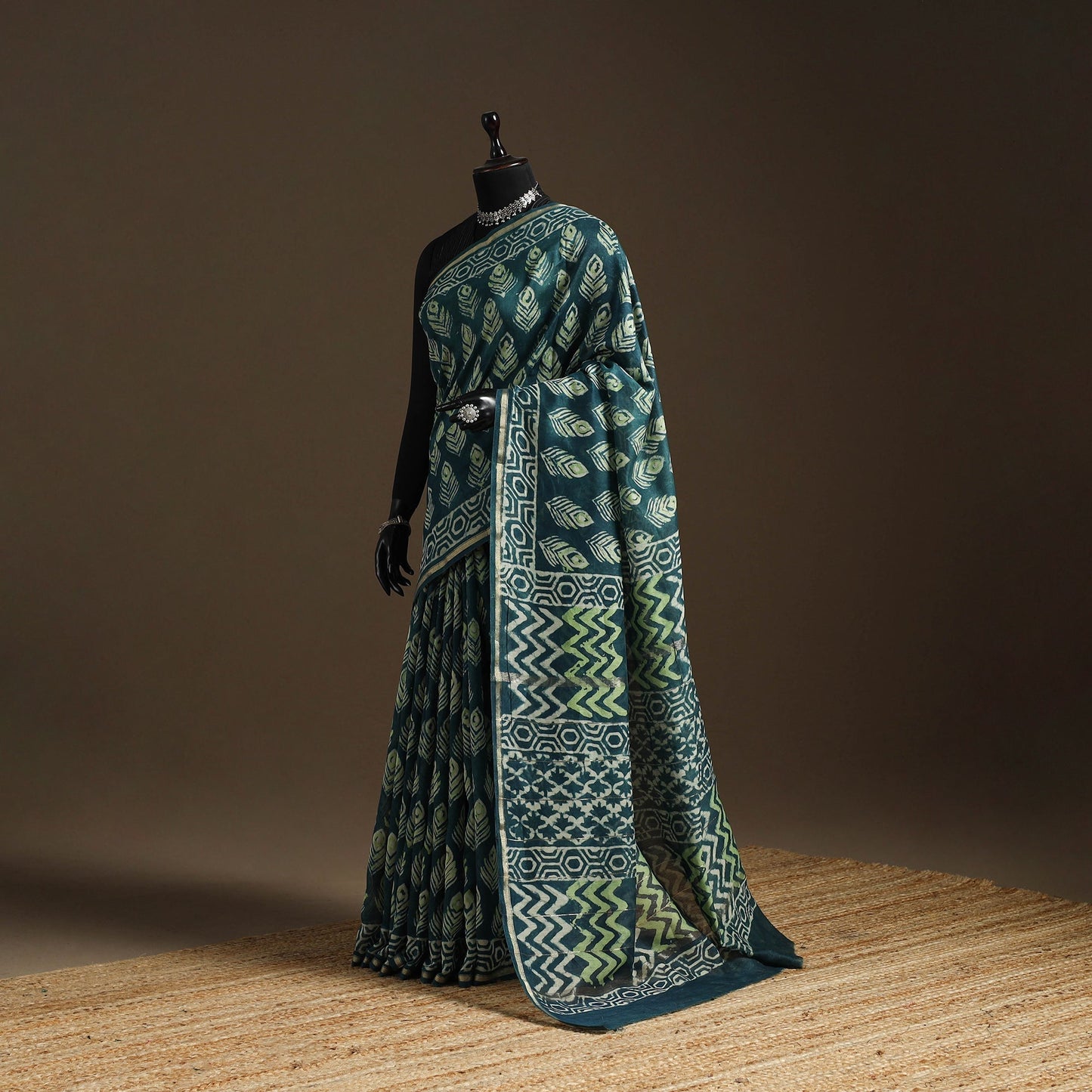 Green - Chanderi Silk Hand Block Print Bagru Saree with Zari Border 22