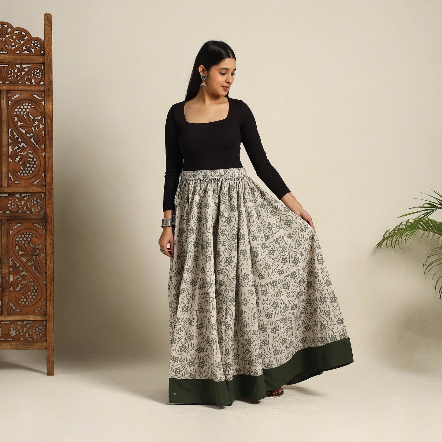 Beige 24 Kali Patchwork Batik Print Cotton Long Skirt
