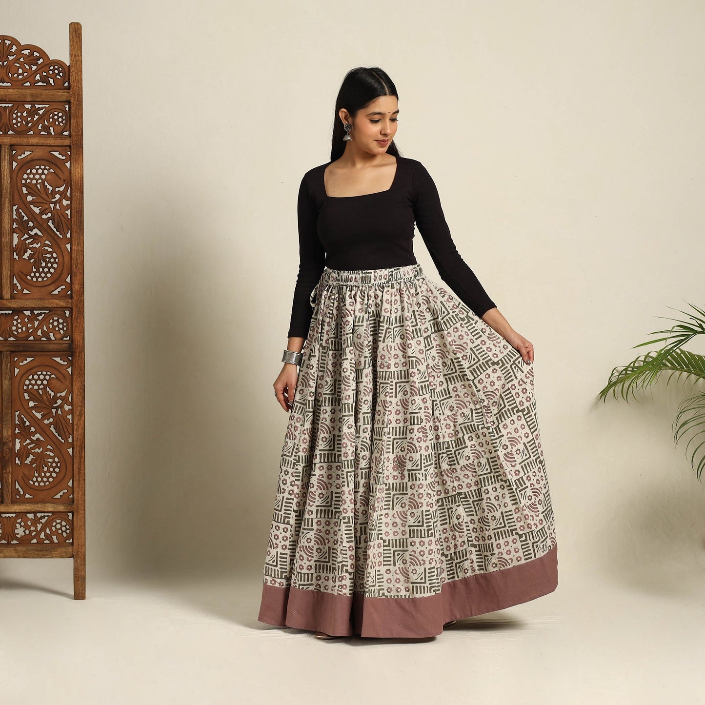 Buy 24 Kali Beige Patchwork Batik Print Cotton Long Skirt