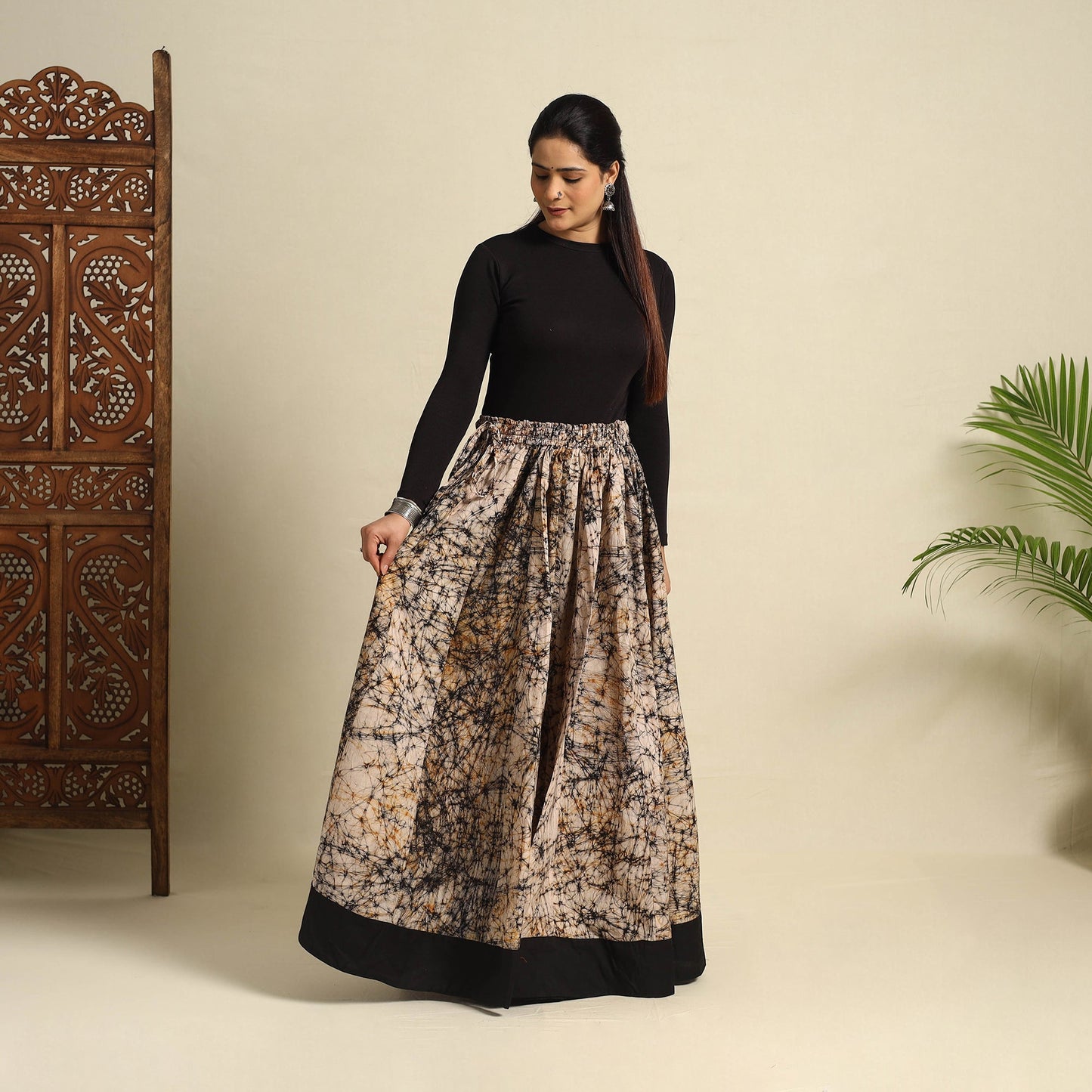 Beige 24 Kali Patchwork Batik Print Cotton Long Skirt