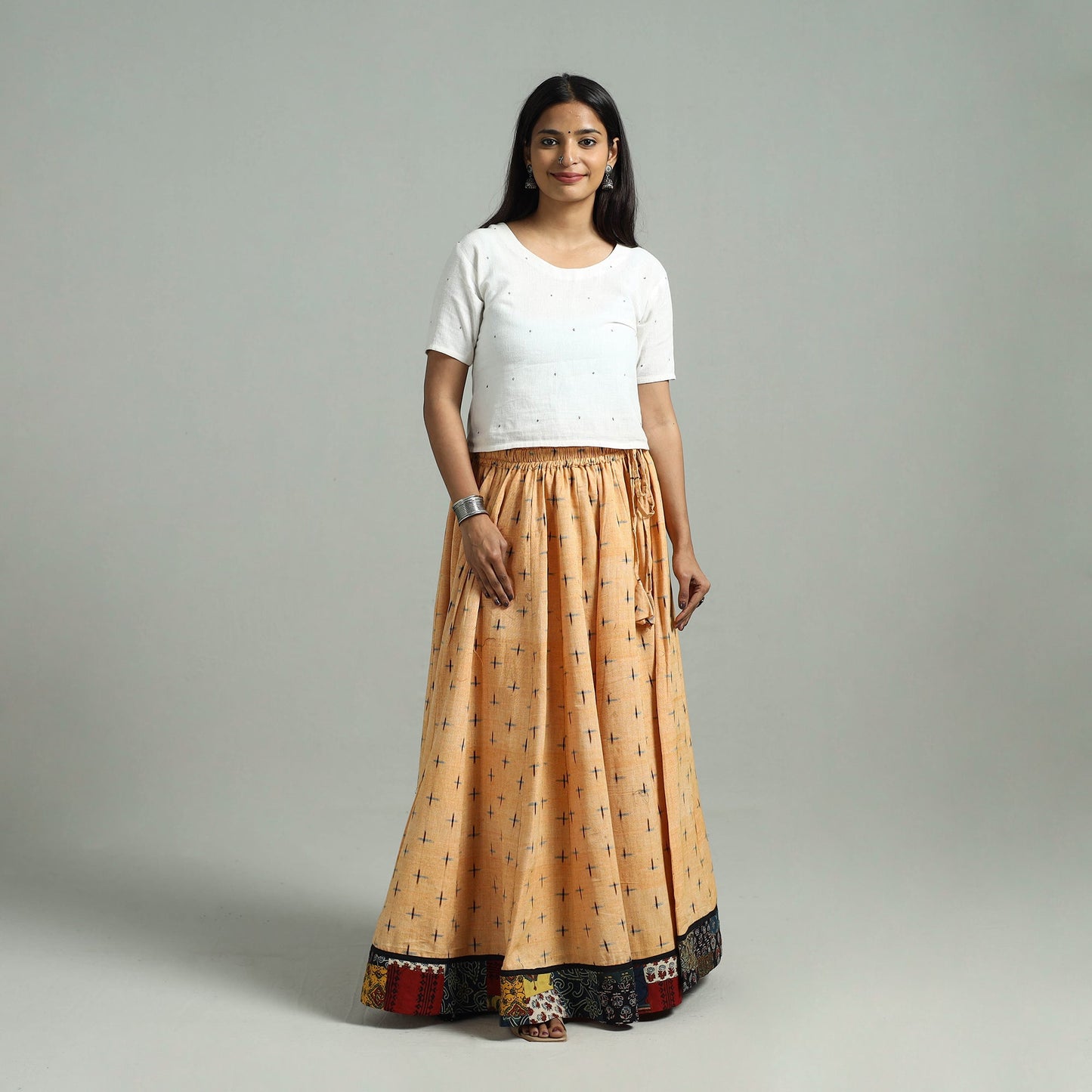 Beige - 24 kali patchwork cotton pochampally ikat skirt 44