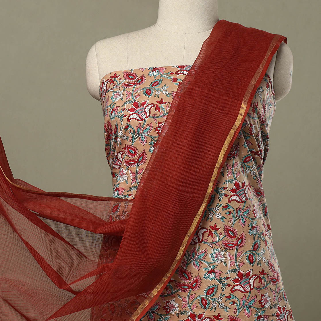 Beige - 2pc cotton sanganeri kurta with plain dupatta 15