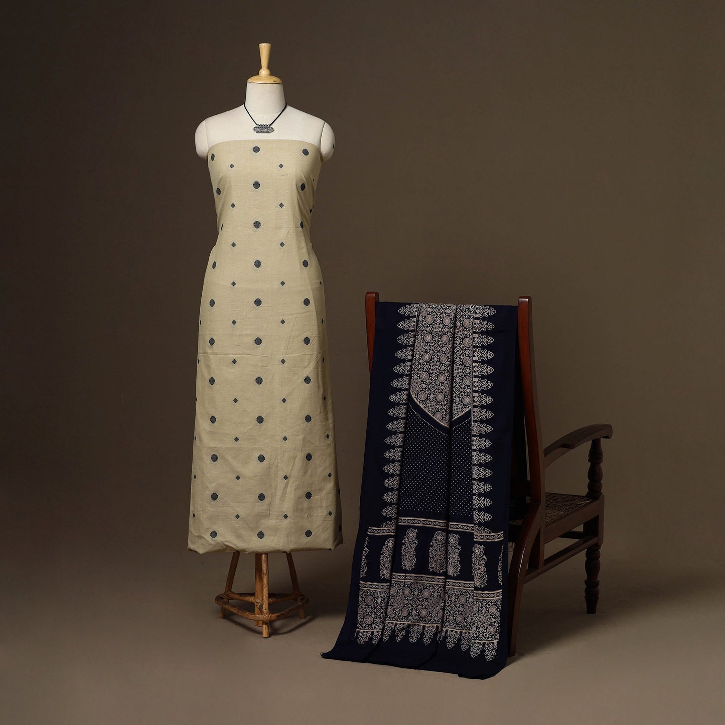 Beige - 2pc cotton unstitched jacquard dress material