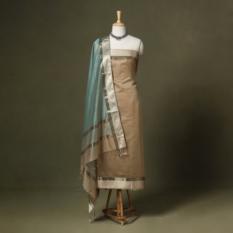 Beige 2pc Handloom Unstitched Maheshwari Dress Material with Border