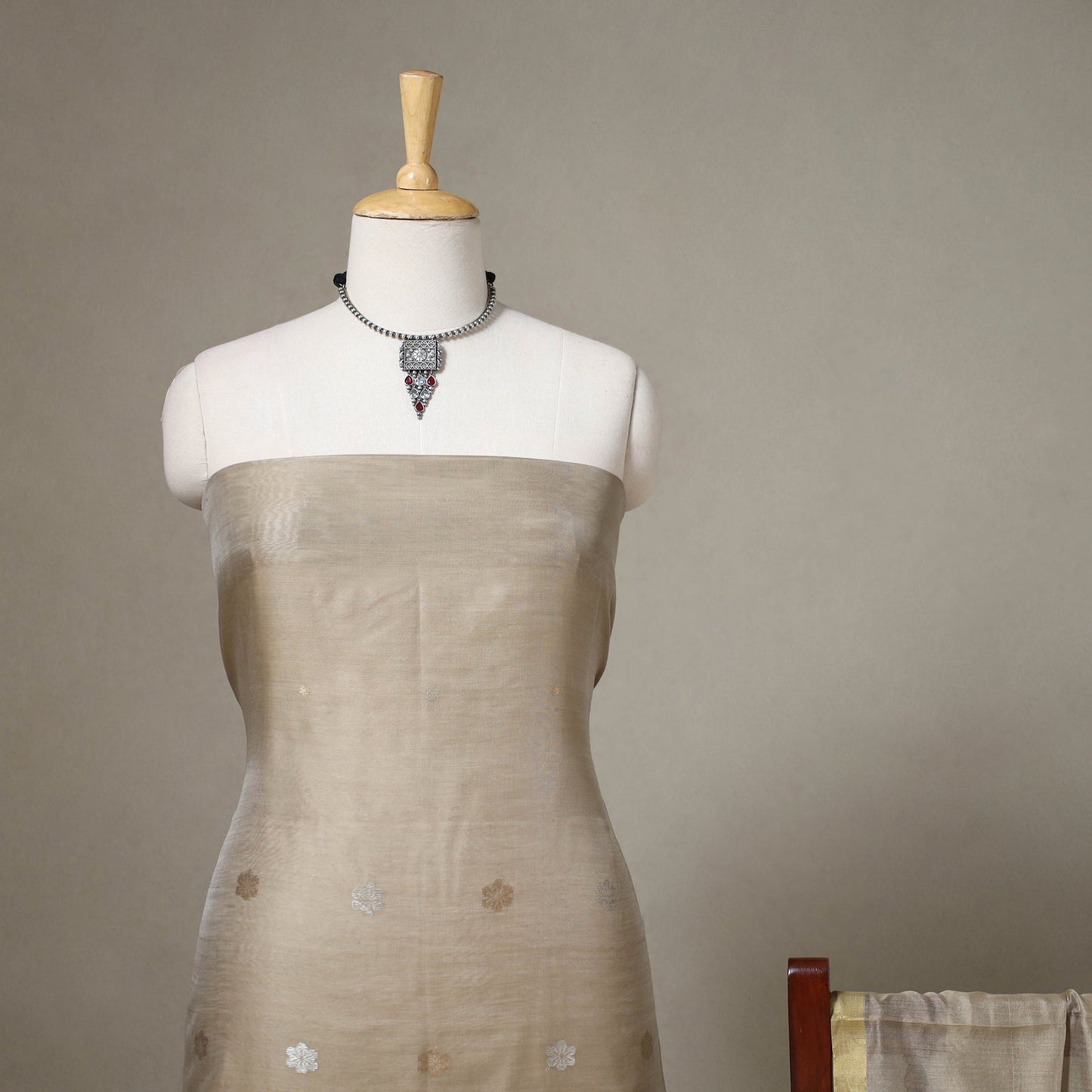 Beige - 2pc handloom zari buta chanderi silk unstitched