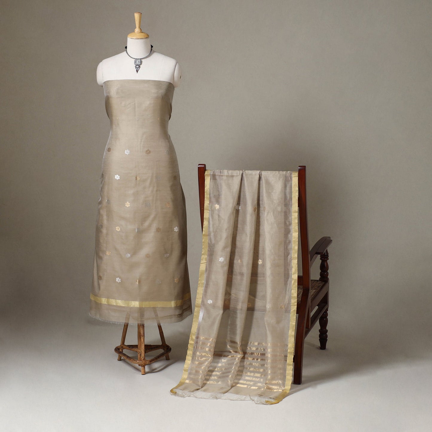 Beige - 2pc handloom zari buta chanderi silk unstitched