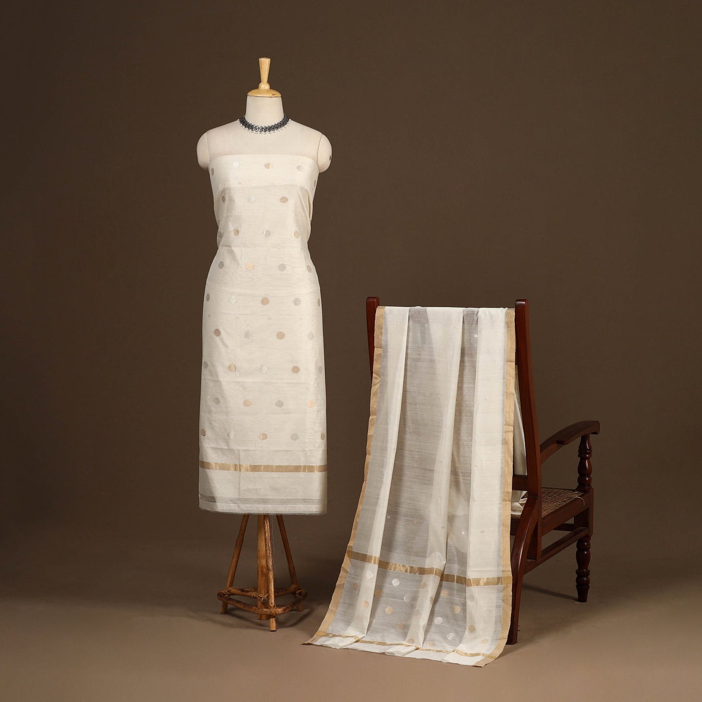 Beige - 2pc handloom zari buta unstitched chanderi silk