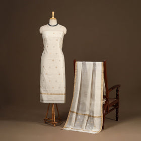 Beige - 2pc handloom zari buta unstitched chanderi silk