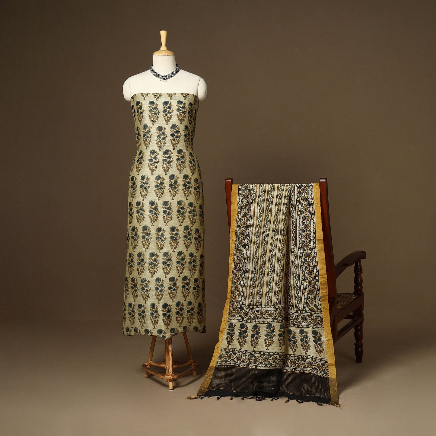 Beige - 2pc linen silk natural dyed unstitched dress