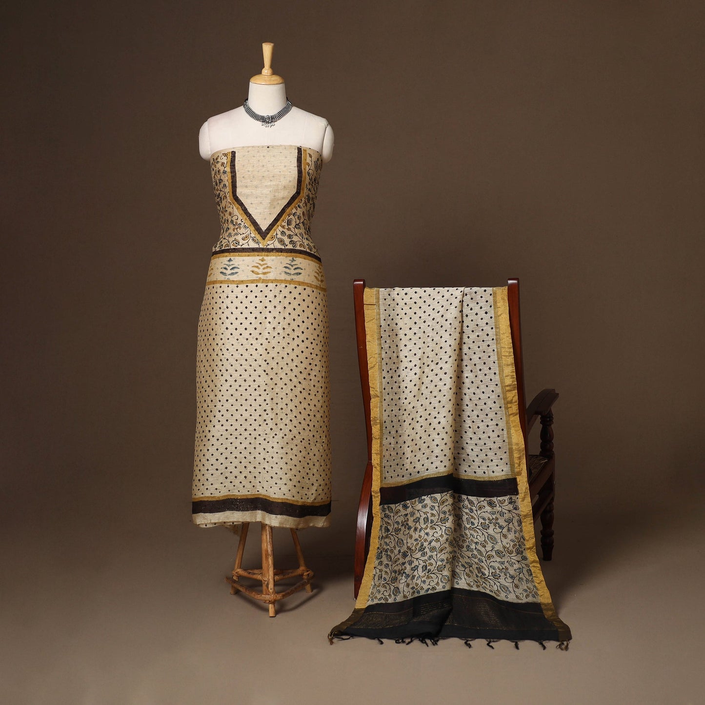 Beige - 2pc linen silk unstitched dress material 06