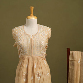 2pc Mul Chanderi Semi Stitched Orange Anarkali Heavy Chikankari Kurta Set