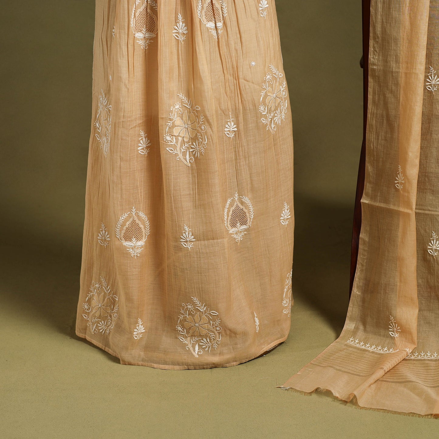 2pc Mul Chanderi Semi Stitched Orange Anarkali Heavy Chikankari Kurta Set