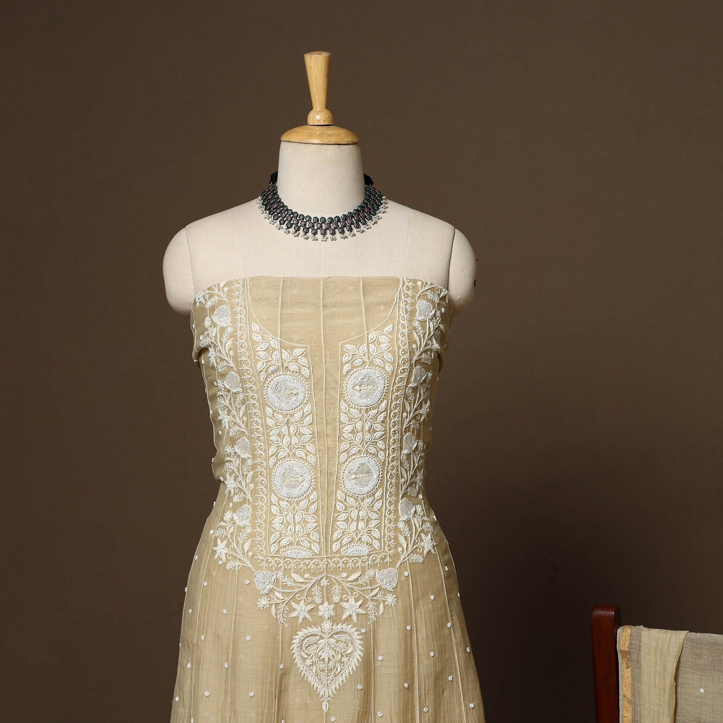 Beige - 2pc mul chanderi semi stitched hand beads work