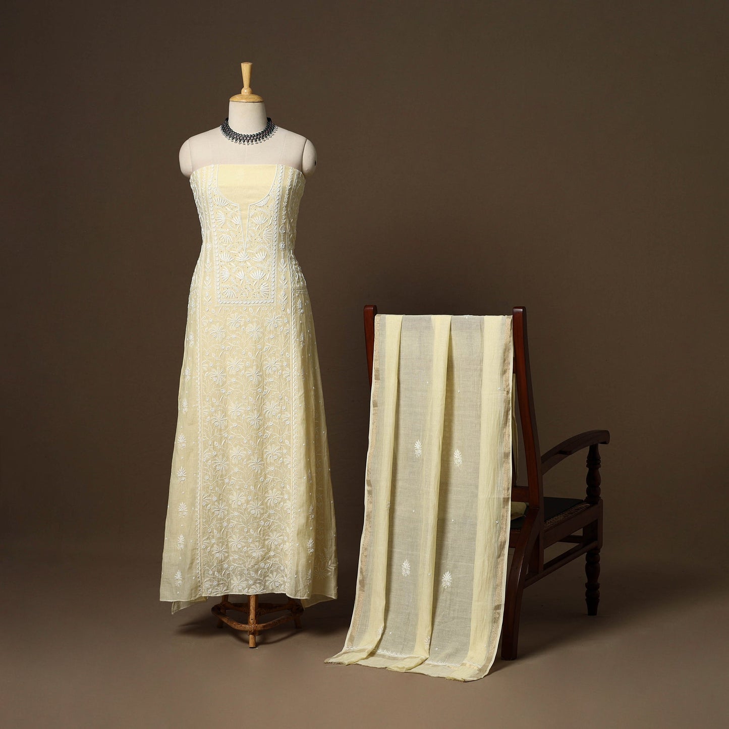 Beige - 2pc mul chanderi semi stitched hand beads work