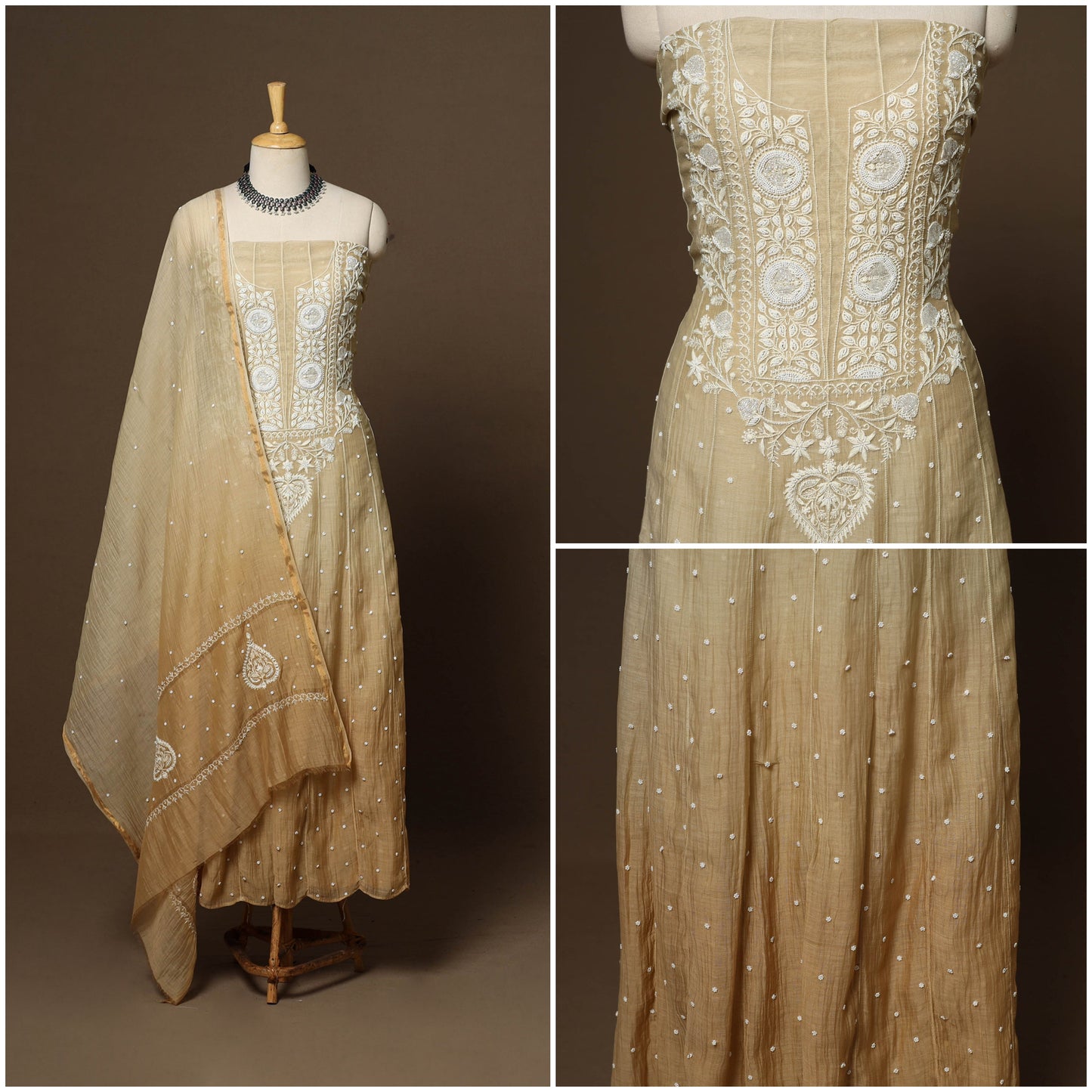 Beige - 2pc mul chanderi semi stitched hand beads work