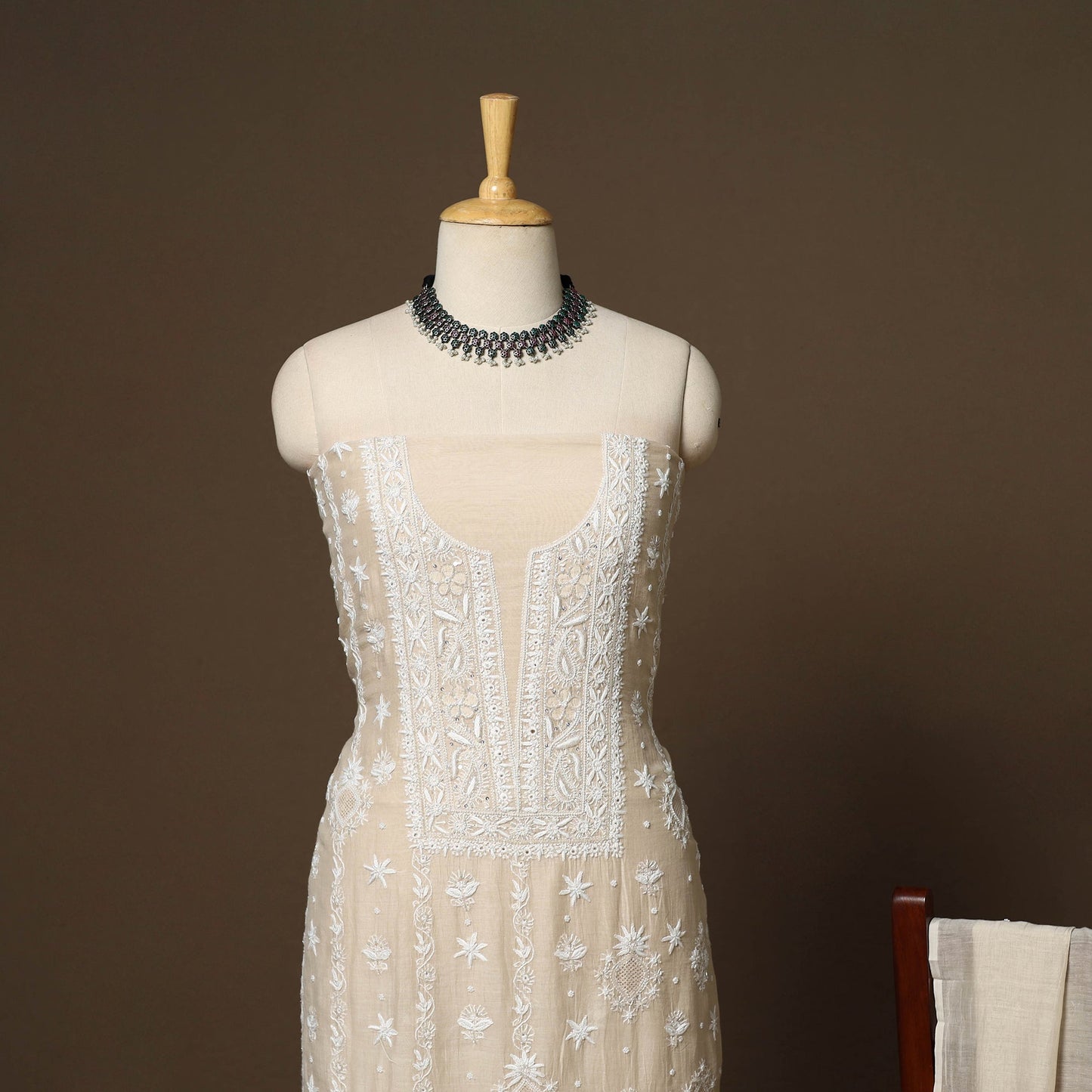 Beige - 2pc mul chanderi unstitched hand beads work heavy