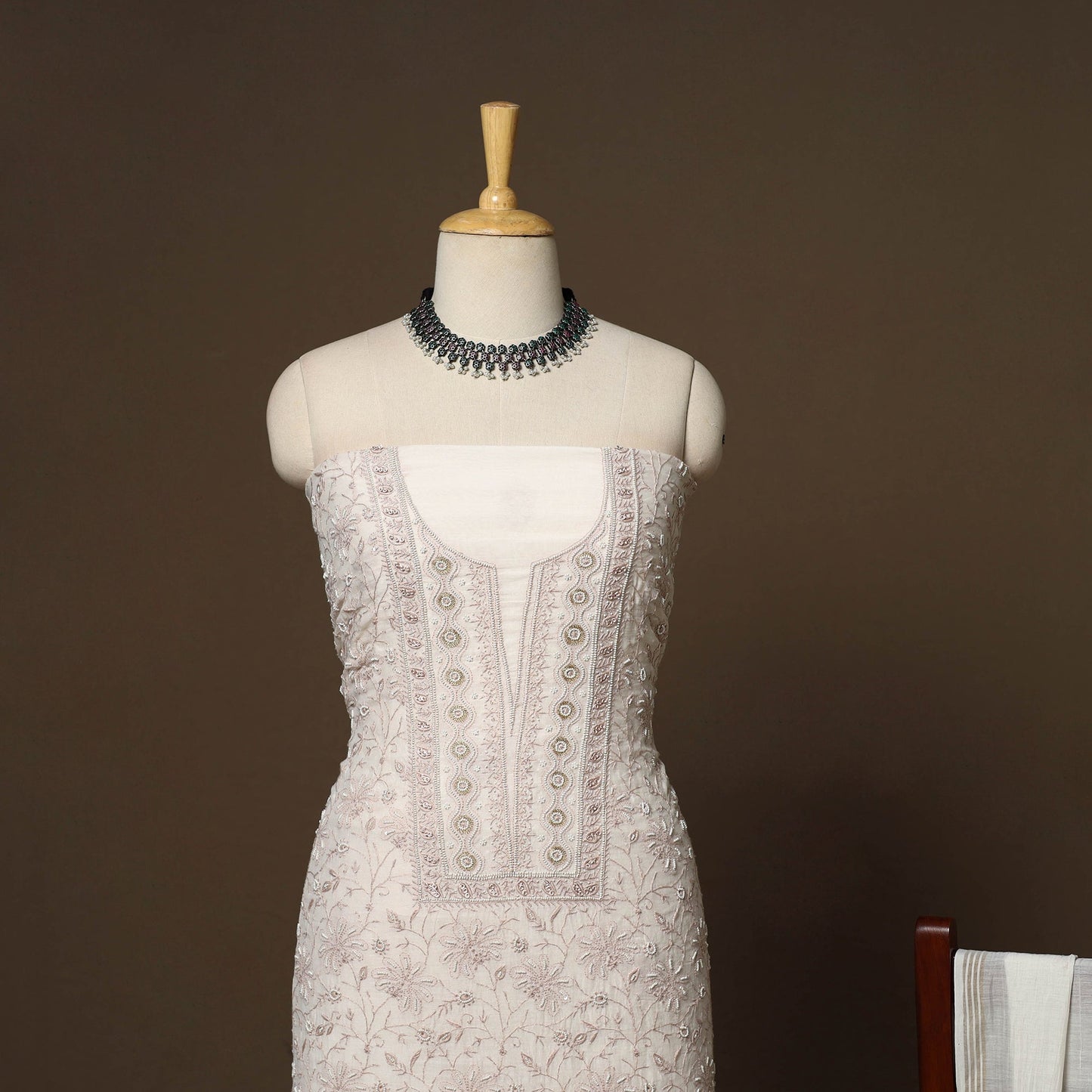 Beige - 2pc mul chanderi unstitched hand beads work heavy