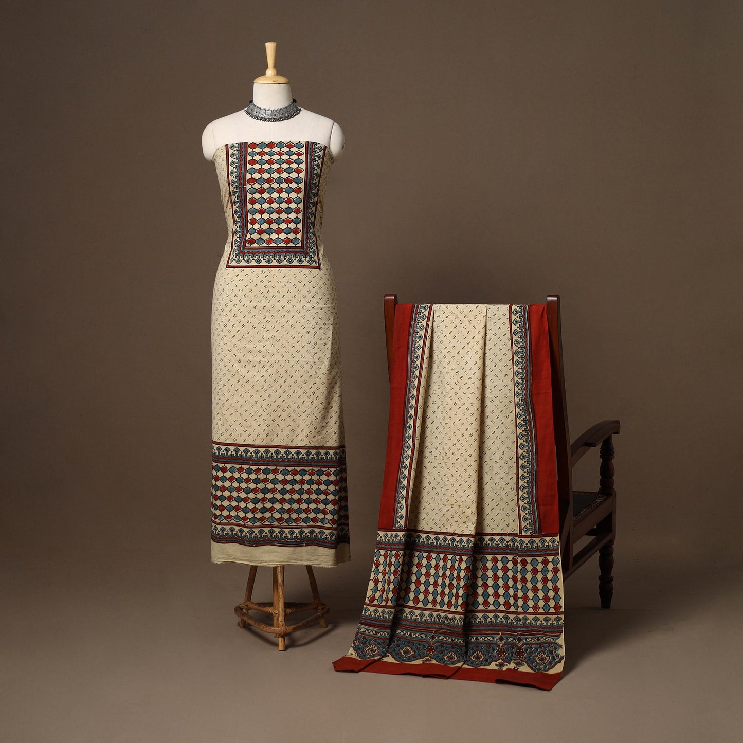 Beige - 2pc natural dyed cotton unstitched dress material