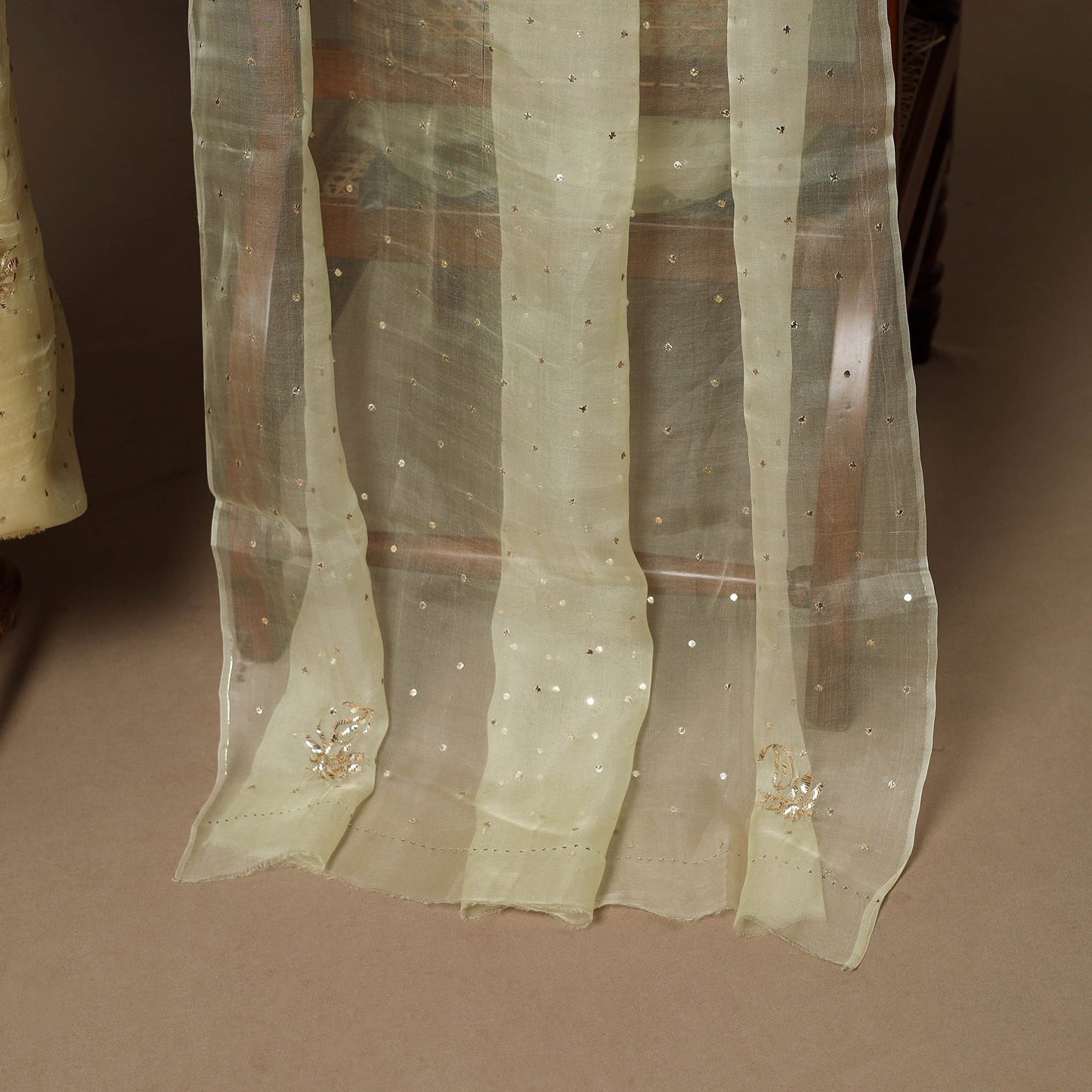 Beige - 2pc organza silk unstitched mukaish handwork dress