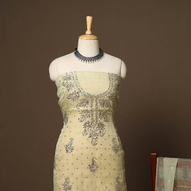 Beige - 2pc organza silk unstitched mukaish handwork dress