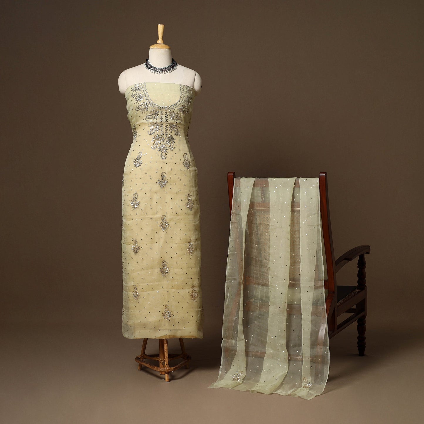 Beige - 2pc organza silk unstitched mukaish handwork dress