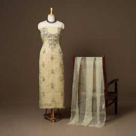 Beige - 2pc organza silk unstitched mukaish handwork dress