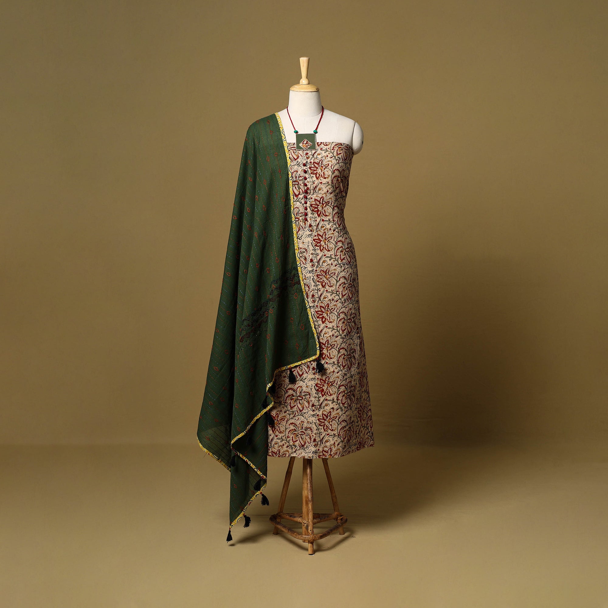 Beige - Pedana Hand Block Print Natural Dyed Cotton Kalamkari 2pc Unstitched Dress Material Kurta Set 09