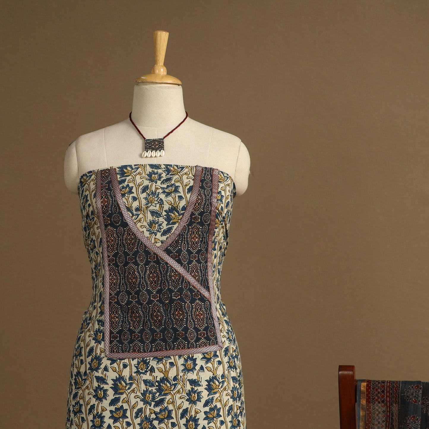 Beige 2pc Unstitched Ajrakh Dress Material with Jewellery Set