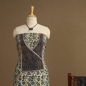 Beige 2pc Unstitched Ajrakh Dress Material with Jewellery Set