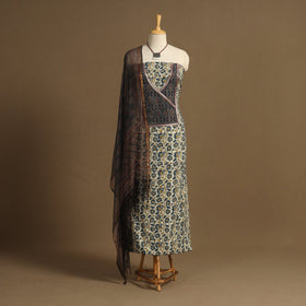 Beige 2pc Unstitched Ajrakh Dress Material with Jewellery Set