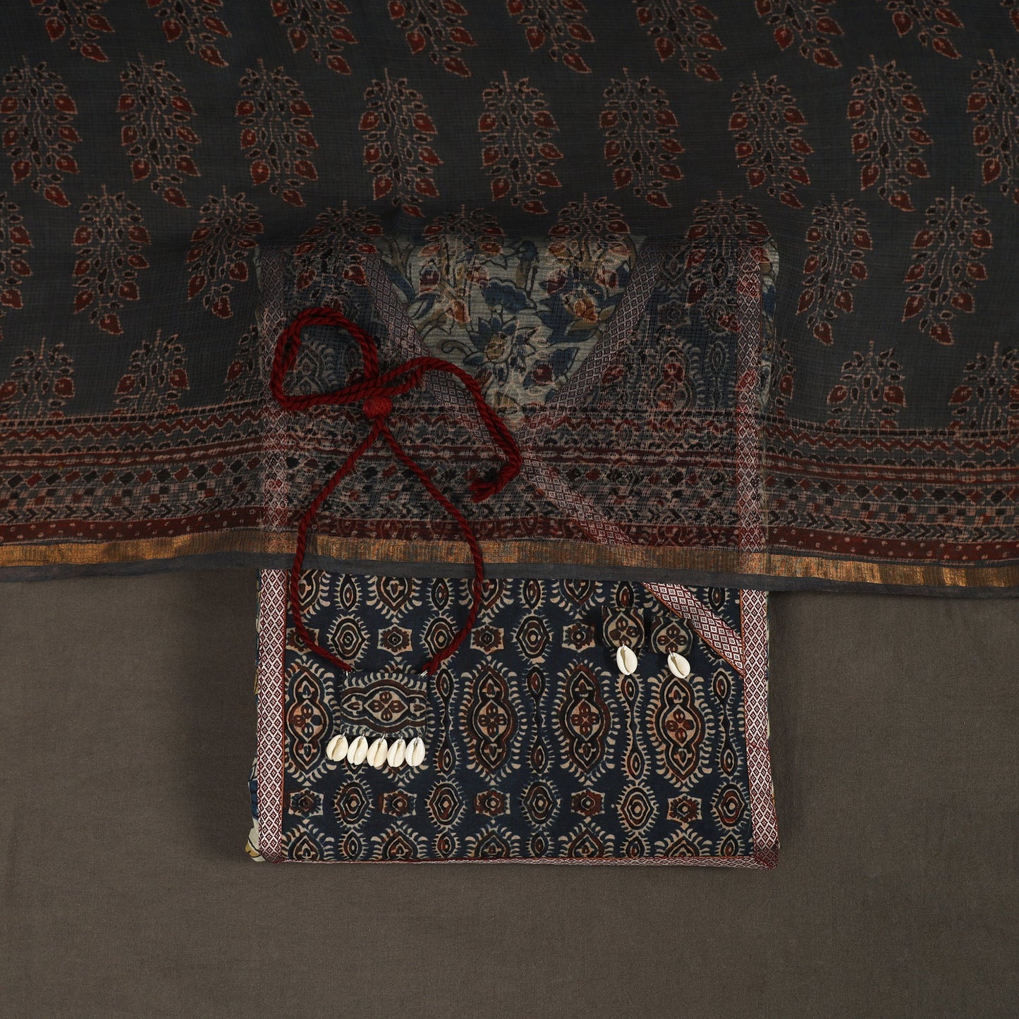 Beige 2pc Unstitched Ajrakh Dress Material with Jewellery Set