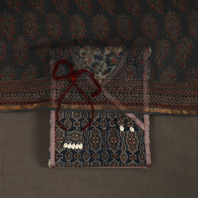 Beige 2pc Unstitched Ajrakh Dress Material with Jewellery Set