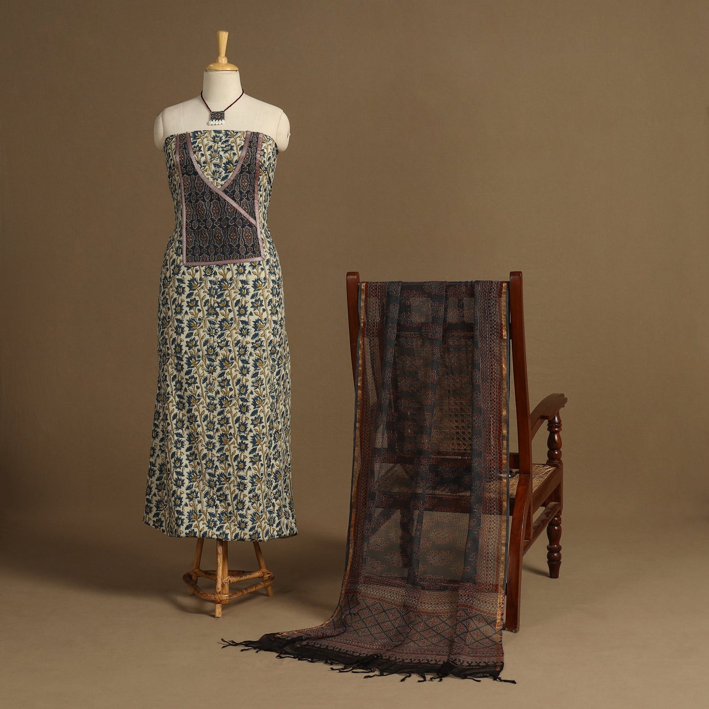 Beige 2pc Unstitched Ajrakh Dress Material with Jewellery Set