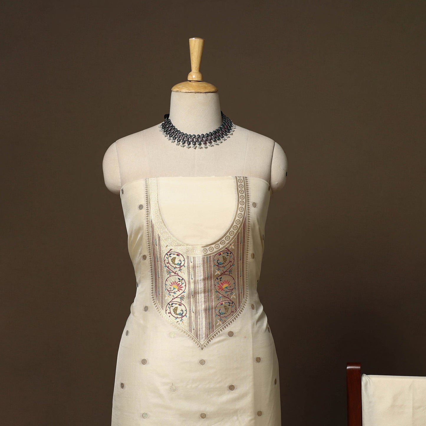 Beige - 3pc bangalore silk paithani dress material 09